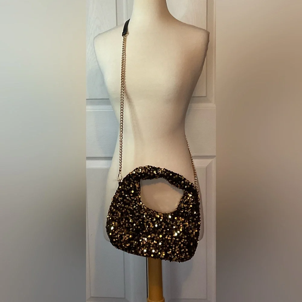 Bestini Paris Black Gold Sequin‎ Recycled Cross Body Bag Purse New